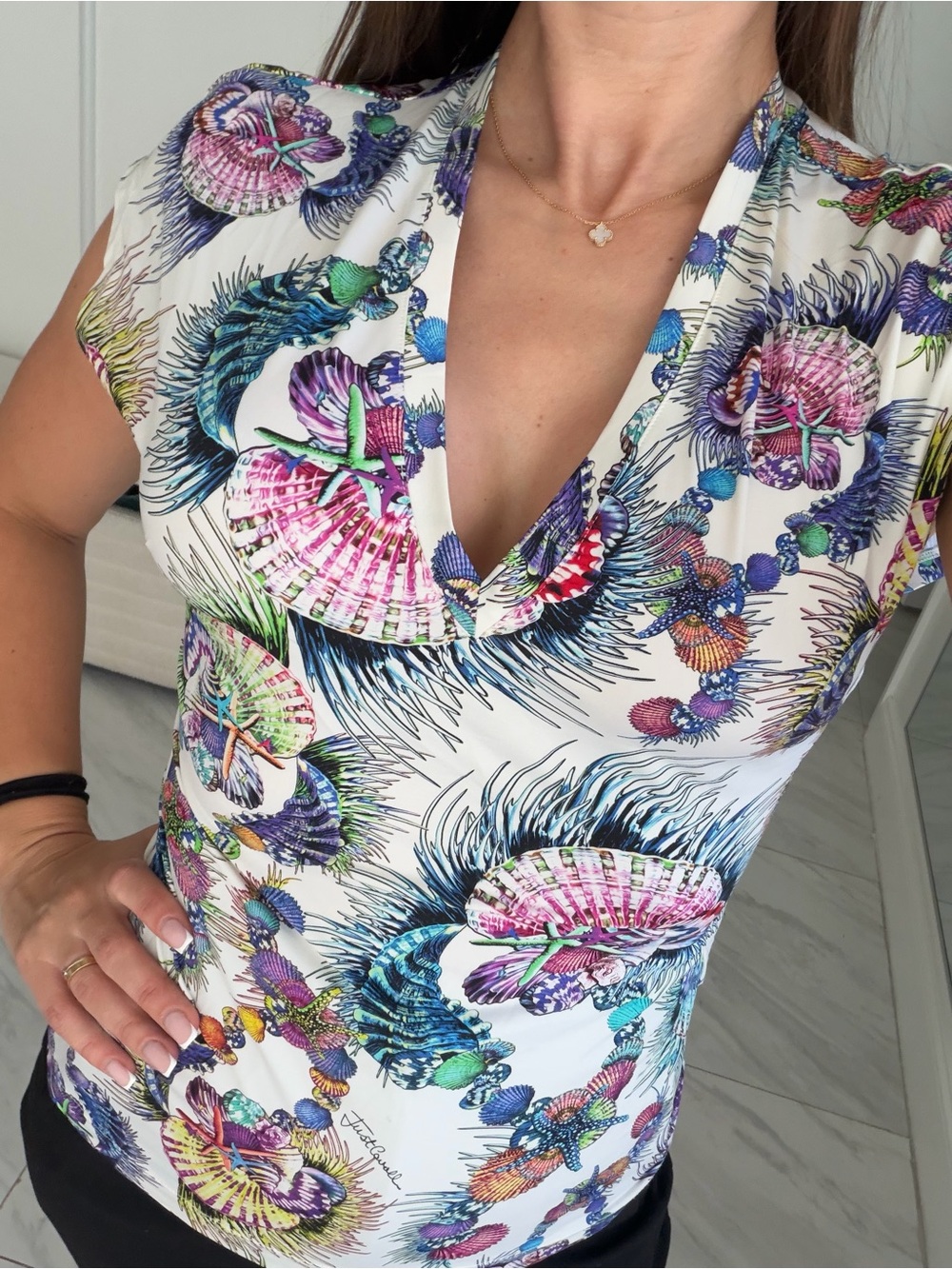 Just Cavalli Multicolor Shell-Print V-Neck Women's Top